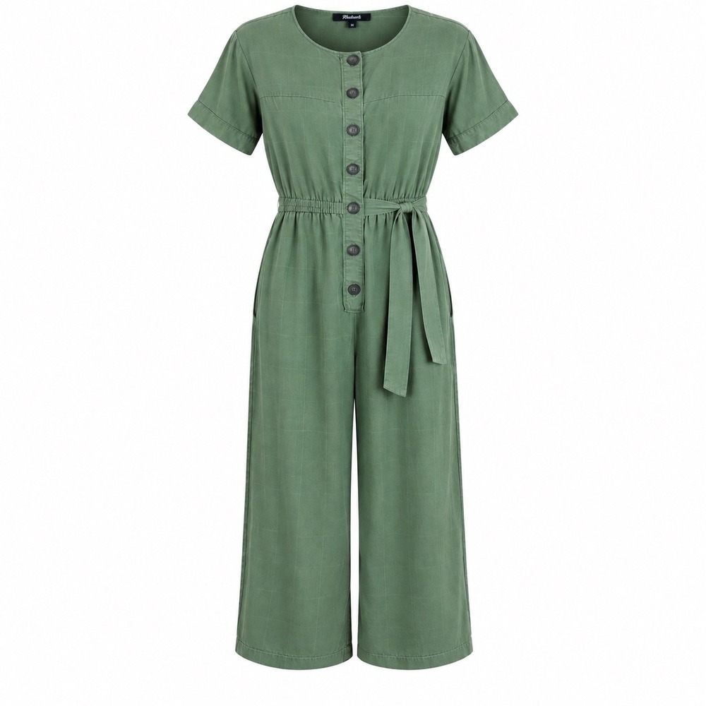 Madewell Womens Jumpsuit XS Lyocell Green Plaid Short Sleeve Tie Waist Utility